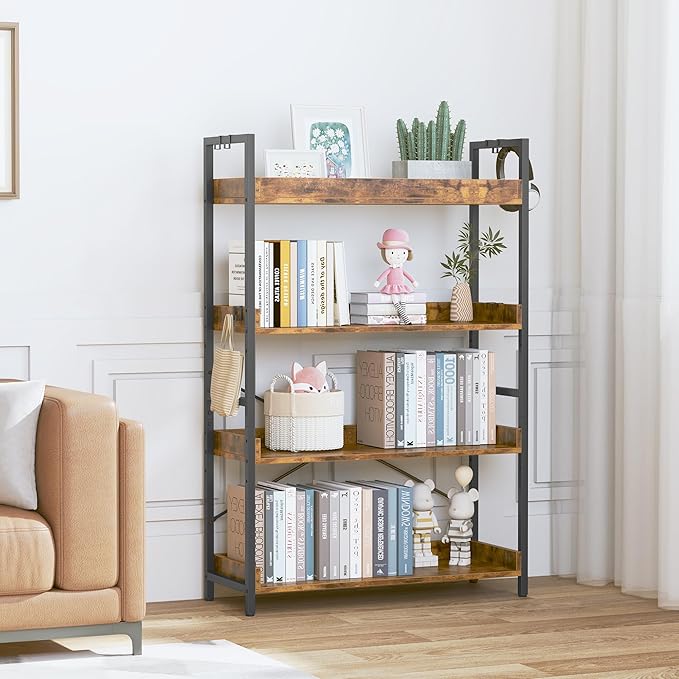 HCHQHS 4 Tier Bookshelf, Adjustable Industrial Bookcase, Vertical Tall Book Shelf, Wood and Black Metal Open Bookshelves for Home Office, Living Room, Bedroom