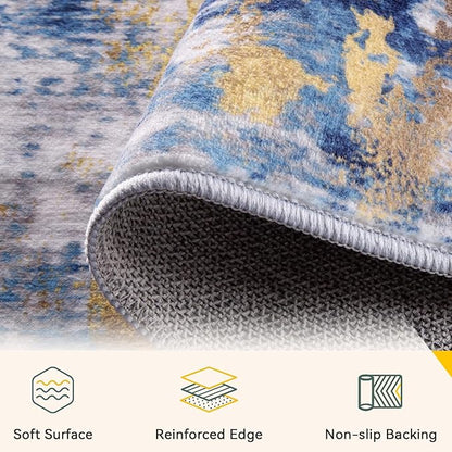 Washable Area Rugs 2'x6' Non-Slip Modern Abstract Soft for Living Room Entryway Bedroom Nursery, Print Pattern, Grey Blue Gold/Golden