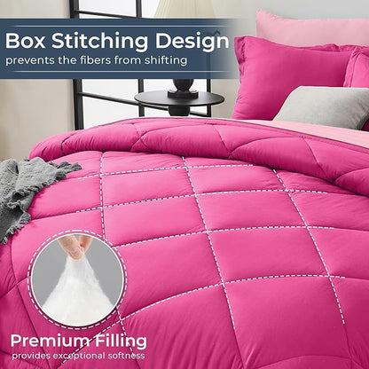 HEVUMYI Hot Pink & Baby Pink Full Comforter Set - 7-Piece All Season Bed in a Bag Full, Ultra Soft Bedding Set with Comforter, Flat Sheet, Fitted Sheet, Pillowcases, Pillow Shams