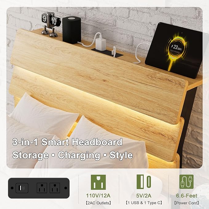 Feonase Floating Bed Frame Twin with Led Lights and Charging Station, Wood Full Size Bed Frame with Storage Headboard, Heavy Duty Metal Slats, No Box Spring Needed, Easy Assembly,Oak