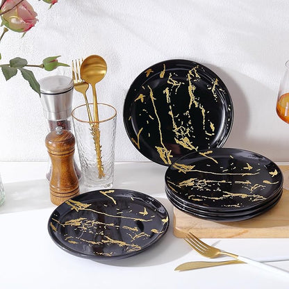 6-Piece Dinner Plate Set, 10-Inch Black Marble Ceramic Plates with Gold Rim, Oven & Microwave Safe, Elegant Appetizer Salad Dessert Plates for Modern Dining, Dishwasher Safe.