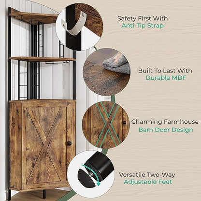 63” Corner Bar Cabinet with Wine Rack, 5-Tier Farmhouse Liquor Cabinet with Glass Holder, Adjustable Shelves & Barn Door, Rustic Brown Home Bar Storage for Living Room & Kitchen
