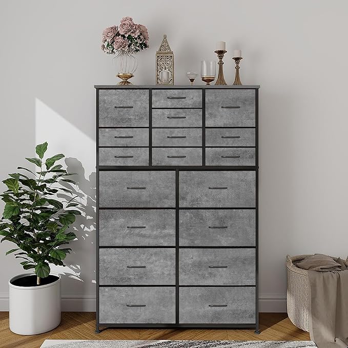 Chest of Drawers for Bedroom, Tall Gray Fabric Dresser with 18 Deep Drawers, Large Clothes Organizer Bin Vertical Storage Cabinet for Closet, Nursery, Office