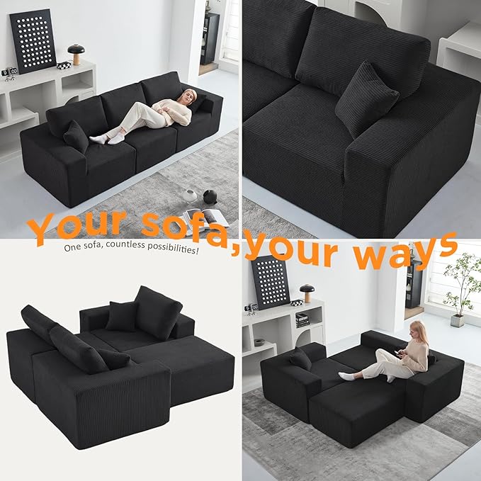 INGEROOM 108" Cloud Sectional Couch, Modular Sectional Sofa with L-Shaped Chaise, Modern Plush Corduroy Couch for Living Room Bedroom（Black）