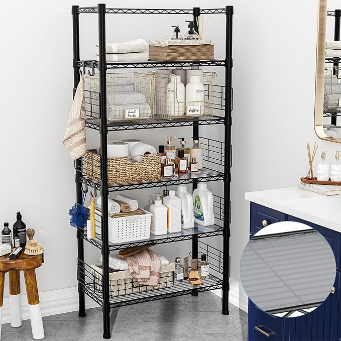 Metal Storage Rack, Storage Organizer Shelves for Kitchen, Bathroom, Living Room, Balcony and Garage, 5 Tiers Narrow Bookshelf, 21.2" W x 9.4" D x 59.2" H, Load 400lbs, Black