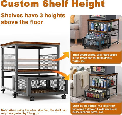 21x21in Mini Fridge Stand with Storage, Heavy Duty Mini Fridge Table with 4 Lockable Wheels for Coffee Bar 220LBS Compact Beverage Refrigerator Stand Cabinet Dorm Fridge Cart for Office Home (Brown)