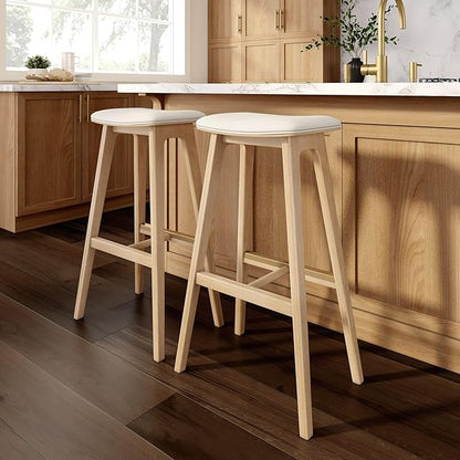 Plank+Beam Beryl Bar Height Stool - Mid-Century Modern Rubberwood Bar Stool with Faux Leather Seat, Metal Footrest, Easy Assembly, 2-Pack, Blonde/Sesame