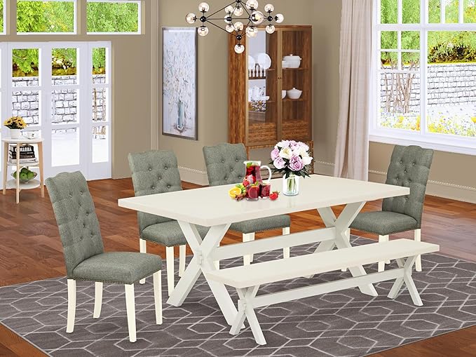 East West Furniture X027EL207-6 6 Piece Dining Set Contains a Rectangle Dining Room Table with X-Legs and 4 Gray Linen Fabric Parson Chairs with a Bench, 40x72 Inch, Multi-Color