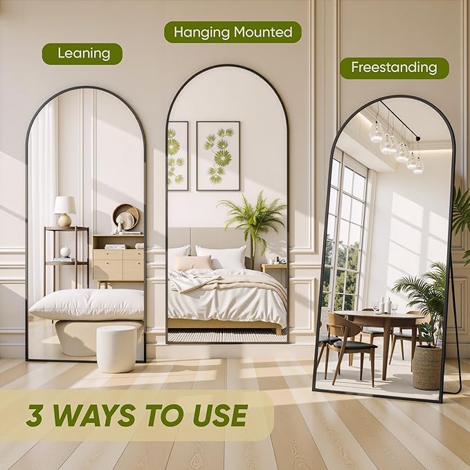 Full Length Mirror, 64"x21" Arched Full Body Mirror, Floor Mirrors with Stand, Standing Hanging Leaning Against Wall,Aluminum Frame Mirrors for Bedroom Cloakroom,Living Room,Black