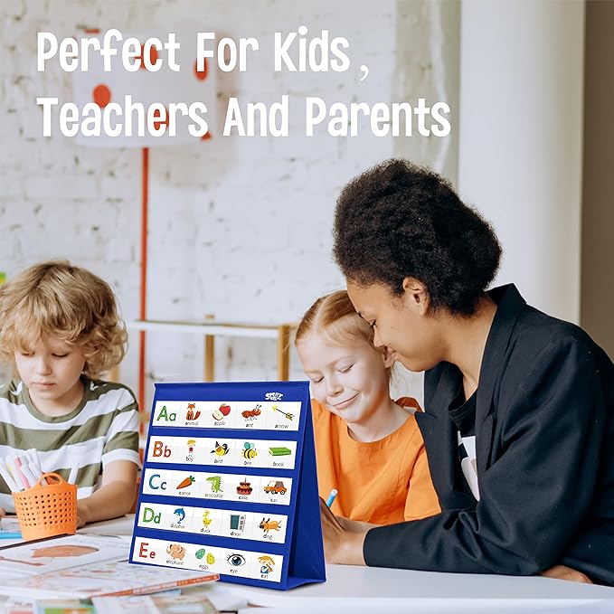 Desktop Pocket Chart, 120 Dry-Erase Double Sided Cards Includes 26 Letters with Images and 120 First Words, Self-Standing Tabletop Pocket Chart for Kids Teacher Classroom Home Use (13 X 12inch)