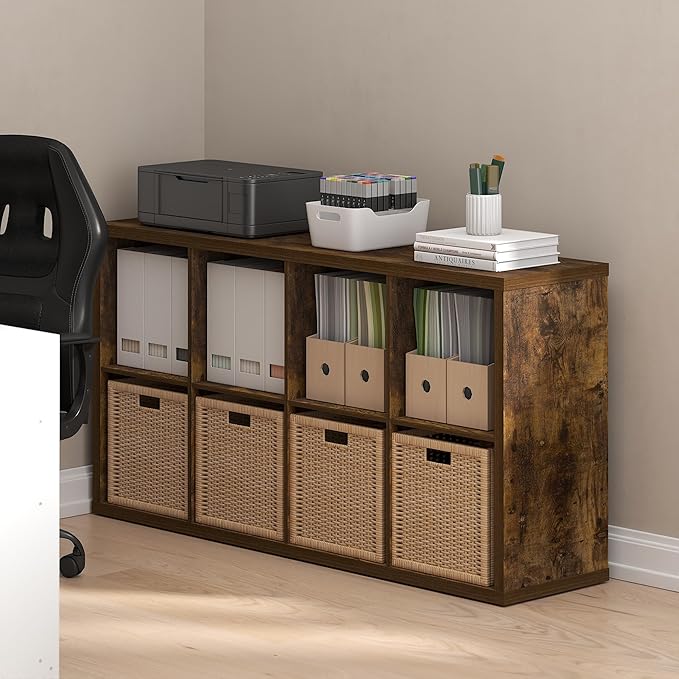 Furinno Cubicle Open Back Decorative Cube Storage Organizer, 8-Cube, Amber Pine