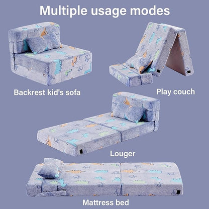 Folding Sofa Bed Floor Mattress for Kids With Pillow - Toddler Glow Washable Nap Mat for Sleeping, Child Fold Up Futon Chair Bed With Storage Bag for Girls Boys
