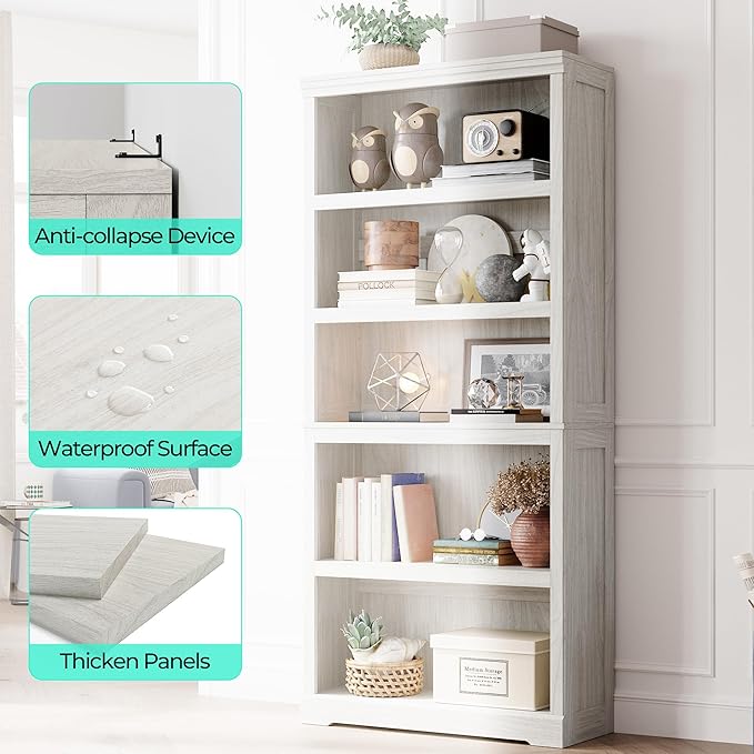 LINSY HOME 5-Shelf Bookcase, Bookshelves Floor Standing Display Storage Shelves 68 in Tall Bookcase Home Decor Furniture for Home Office, Living Room, Bed Room - White Oak