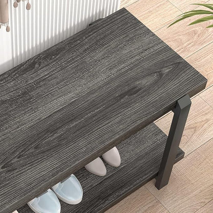 FOLUBAN 47 Inch Shoe Storage Bench, Rustic Wood and Metal Entryway Bench for Hallway Front Door Entrance, Vintage Indoor Shoe Rack Bench Seat for Bedroom Living Room, Dark Gray