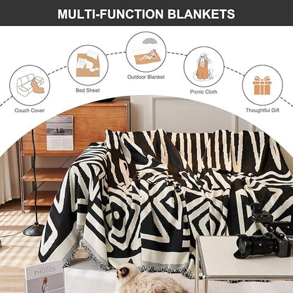 STACYPIK Durable Boho Couch Cover for Dog Anti-Scratch Black White Triangle Sofa Cover for 2 Cushion Couch Anti Slip L Shaped Couch Cover Reversible Loveseat Covers Multi-Use Sofa Throw Cover-91X118IN