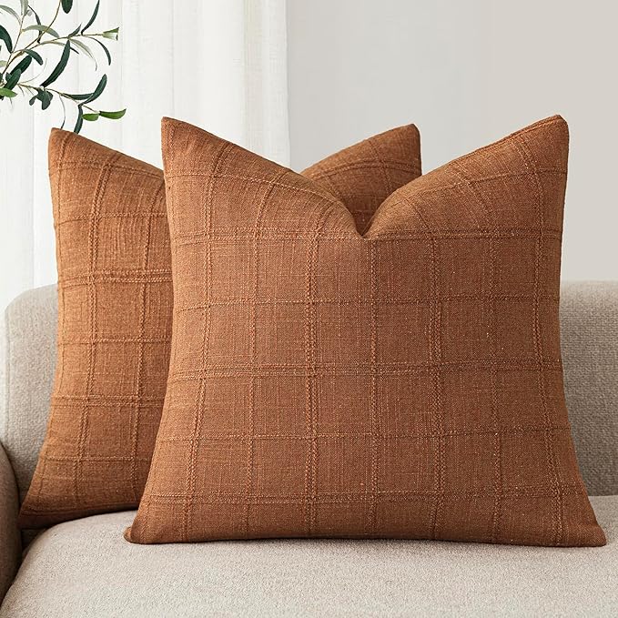 Foindtower Set of 2 Decorative Linen Check Throw Pillow Covers Neutral Farmhouse Vintage Cushion Covers Modern Boho Home Decor for Sofa Chair Couch Bedroom Living Room Outdoor,24×24 Inch,Orange