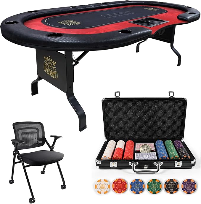 GUTSHOT Foldable Poker Table for 10 Players with 10 Chairs and Poker Chips Set - Premium Soft-Padded Armrest, Individual Cup Holders- Crafted with Durable Materials, Long-Lasting Poker Table