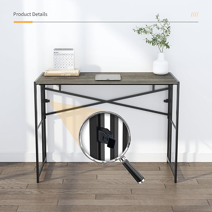 35 inch Narrow Folding Desk, Writing Gaming Computer Camping Desk for Small Spaces, No Assembly Required Home Office Table, Black Oak