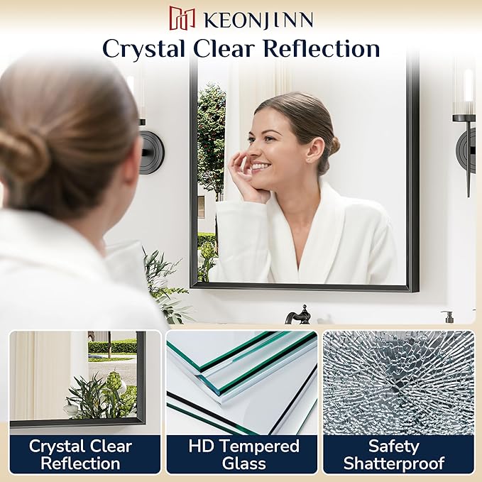 Keonjinn 48 x 36 Inch Black Bathroom Mirrors for Over Sink, Beveled Rectangle Framed Mirrors for Wall, Black Bathroom Vanity Mirror, Tempered Glass, Square Corner, Farmhouse Style