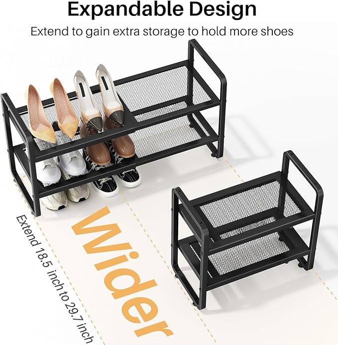 SNTD Shoe Rack - Expandable Shoe Organizer for Closet, Adjustable Metal Shoe Shelf Storage, Stackable Long Shoe Stand Holder for Garage, Entryway, Door Entrance (Black, 2-Tier)