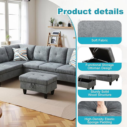 L Shaped Couch Modern Sectional Couch Upholstered Fluffy Fabric 3 Pieces Sofas for Living Room with Chaise, Storage Ottoman for Office and Small Apartment, Dark Grey