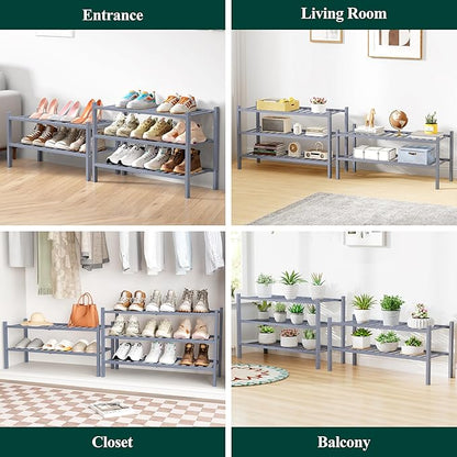 Smiry Bamboo Shoe Rack for Closet, 4 Tier Wooden Stackable Shoe Organizer, Free Standing Shoes Storage Shelf for Entryway, Front Door Entrance, Grey