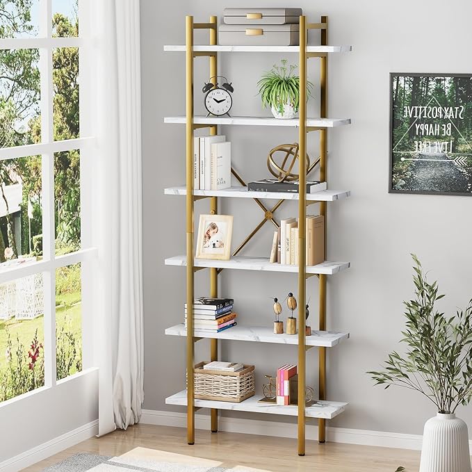6 Tiers Bookshelf Organizer White Faux Marble Shelf,Modern Open Display Storage Bookcase, and Metal Bookshelf Standing Storage Shelf Tall Shelving Units for Home Office Study