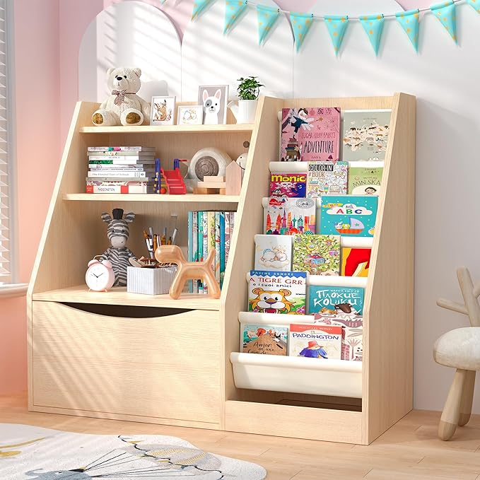 TOETOL 3 Tier Kids Bookshelf and Book Storage，6 Sling Toddler Bookshelf, Storage Boxes Book Shelf & Organizer for Nursery Playroom Classroom Library Bedroom Natural Wood