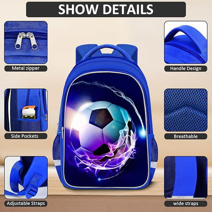 School Backpack for Boys - 4pcs Soccer Boys Backpack with Lunch Box and Pencil Case for Kids Children Teens Elementary Middle School - Students Bag for Ages 6-18,17″Bookbag Travel Back Pack