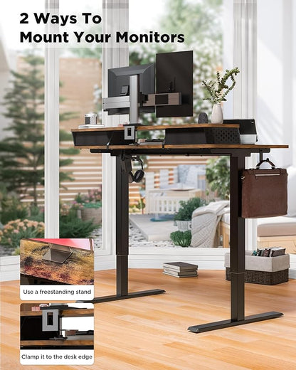 48x24 Inch Standing Desk with Double Drawers,C-Clamp Mount Compatible,Electric Adjustable Height Computer Stand Up Desks, Home Office Sit Stand Table with 3 Preset Heights & Hooks, Rustic Brown