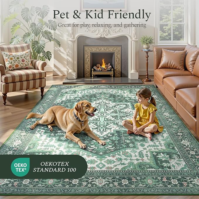 Rugflix 6x9 Area Rugs for Living Room, Machine Washable Rug Non Slip Stain Resistance, Large Rug Vintage Distressed Soft Carpet for Bedroom, Dining Room, Home Office, Green