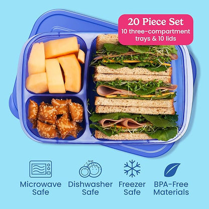 Bentgo Easyboxes - Original Stackable Lunch Boxes - Reusable 3-Compartment Food Containers for Kids and Adults - Bento Lunch Box for Meal Prep, School, & Work - BPA Free, Set of 10 (Jewel Brights)
