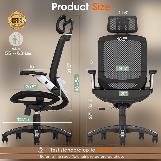 GABRYLLY Ergonomic Office Chair, High Back Home Desk Chair with Headrest, Flip-Up Arms, 90-120° Tilt Lock and Wide Cushion, Big and Tall Mesh Chairs for Man Woman, Black Task Chair