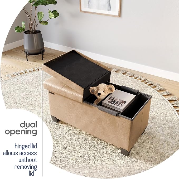 STORAGEBUD Storage Ottoman Bench with Bins, 30-in Storage Bench for Bedroom End of Bed, Folding Foot Rest Ottoman for Living Room Max 660lbs, Faux Leather Ottomans, Taupe