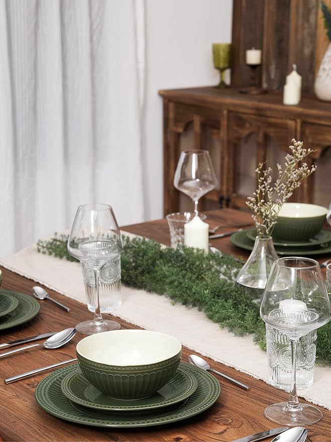 Famiware Garden Plates and Bowls Set, 12-Piece Dishes Set for 4, Scratch Resistant Kitchen Dishes Dinnerware Set - Microwave and Dishwasher Safe, Reactive Glaze and Embossed Stoneware, Dark Green