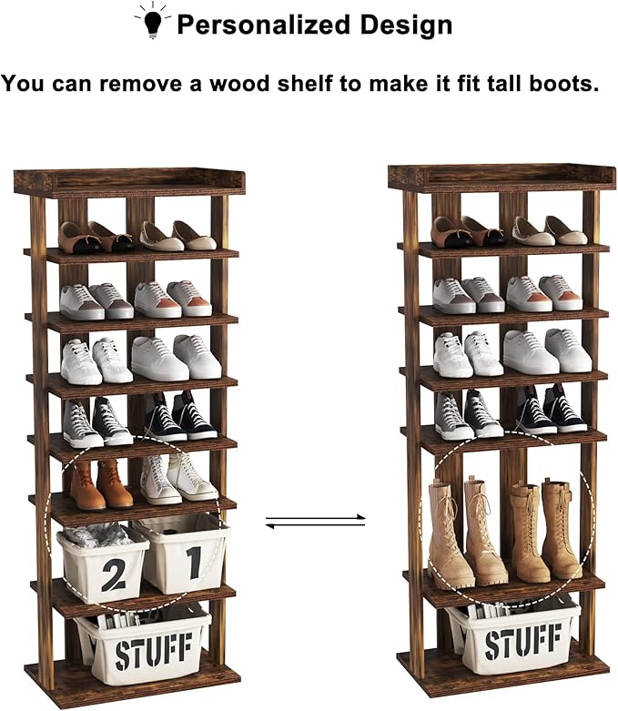 HOMEFORT 7-Tier Wood Shoe Rack, Double Rows Shoe Shelf, Shoe Storage Stand, Entryway Shoe Tower, Vertical Shoe Organizer for Narrow Closet, Entryway, Hallway, Rustic Brown