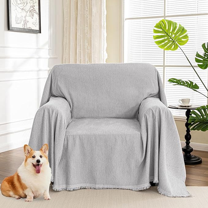 MYSKY HOME Oversized Armchair Cover for 1 Cushion, Washable Sofa Protector, Chenille Couch Covers with Tassel, Sofa Throw, Pet & Kid Friendly, 71"X91", Light Grey