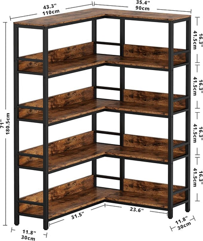 IRONCK Industrial Bookshelves 5 Tiers Corner Bookcases with Baffles Etagere Shelf Storage Rack with Metal Frame for Living Room Home Office