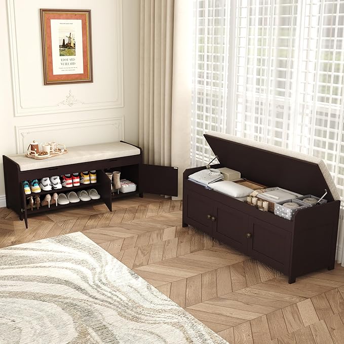 HOMEFORT 41.3" Shoe Bench with Lift Top Storage, Entryway Bench with Cushioned Seat, Wooden End of Bed Bench, Shoe Cabinet Bench with Hidden Storage Space, for Bedroom, Hallway,Espresso