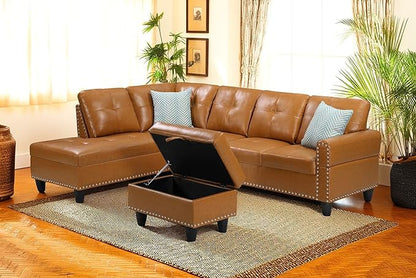 98 Inch L Shaped Sectional Sofa with Chaise Lounge, Storage Ottoman and 2 Pillows, 4-Seaters Faux Leather Upholstered Tufted Couch w/Cupholder & Nailhead Trim for Living Room, Office, Ginger