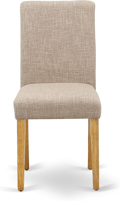 East West Furniture DMAB3-OAK-04 3 Piece Kitchen Table Set Contains a Round Dining Room Table with Dropleaf and 2 Light Tan Linen Fabric Parsons Dining Chairs, 42x42 Inch, Oak