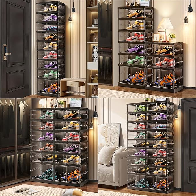 9-Tier Foldable Shoe Rack for Closet Entryway 18-36Pairs,Stackable Clear Shoe Storage Boxes Organizer with Door Plastic Shoe Cabinet Bins with Lids Shoes Shelf Easy Assembly Large Black