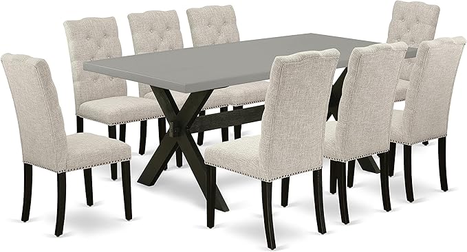 East West Furniture X697EL635-9 9 Piece Dining Set Includes a Rectangle Dining Room Table with X-Legs and 8 Doeskin Linen Fabric Upholstered Parson Chairs, 40x72 Inch, Multi-Color