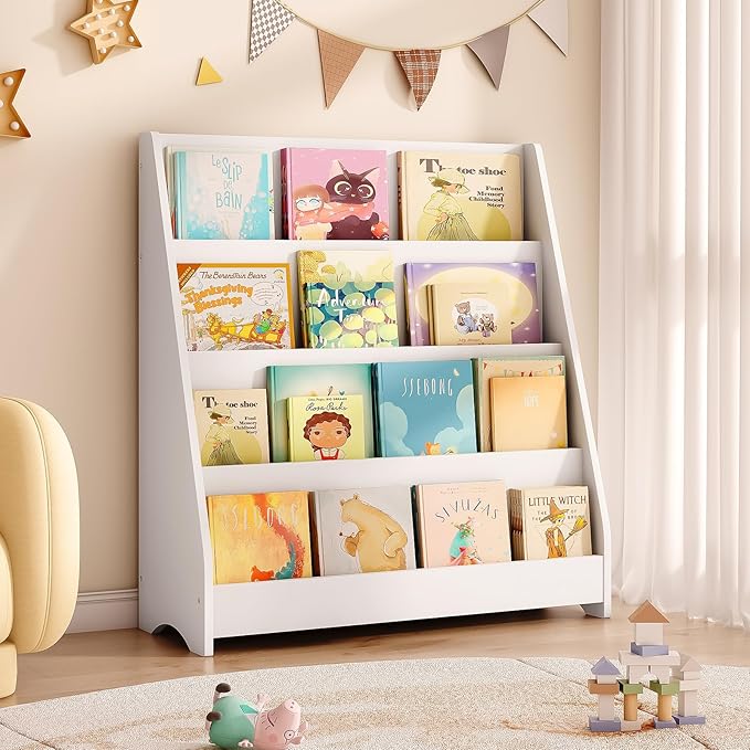 Tatub 4 Tier Kids Wooden Bookshelf, Toddler Sling Bookcase Montessori Bookshelf, Children Front Facing Book Shelf for Nursery, Playroom and Classroom, White
