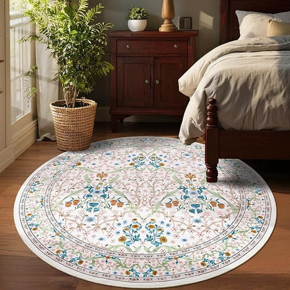 GarveeHome Pink Floral 4 ft Round Rug Washable Non-Slip Soft Low Pile Small Circle Carpet Vintage Rugs for Kitchen Bedroom Nursery Dining Living Room