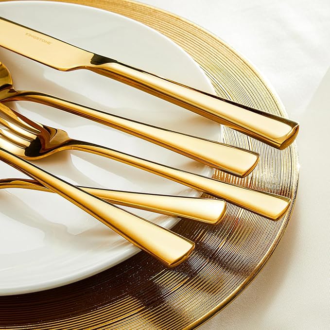 KINGSTONE 18/10 Stainless Steel Flatware, 20-Piece Forged Silverware Set for 4, Mirror Polished Cutlery Set Dishwaher Safe for Home, Restaurant, Wedding, Party, Gold