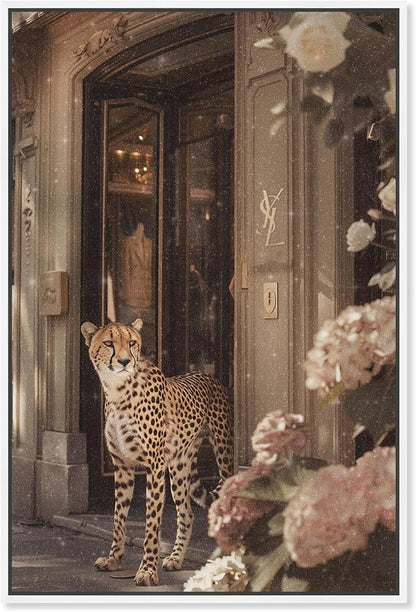 Art Remedy Cheetah at the Store Canvas Fashion Designer Wall Art, White Frame, 16" x 24"