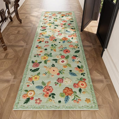Machine Washable Runner Rug for Hallway: 2'6"x8' Kitchen Runners Rug with Rubber Backing Non Slip Stain Resistant Floral Floor Rug Soft Carpet Runners for Indoor Entryway Bedroom Bedside Living Room