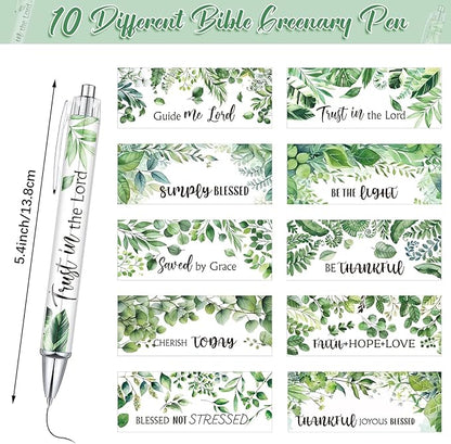 Tinlade 10 Pcs Christian Pens for Women Religious Ink Pens Easter Gifts Inspirational Quotes Bible Verse Ballpoint Funny Office Supplies for Women Men Coworker(Green Leaves)