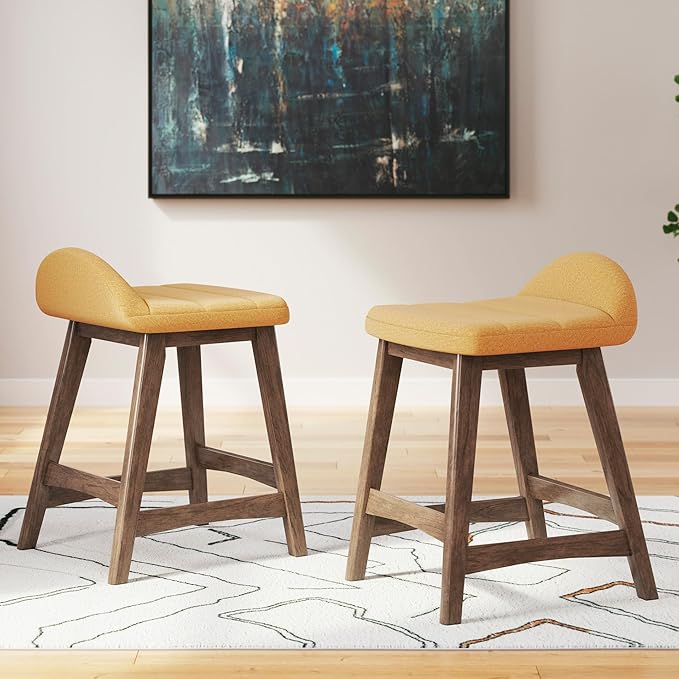Signature Design by Ashley Lyncott Contemporary 28.5" Counter Height Upholstered Bar Stool with Foam Cushion, 2 Count, Mustard & Brown